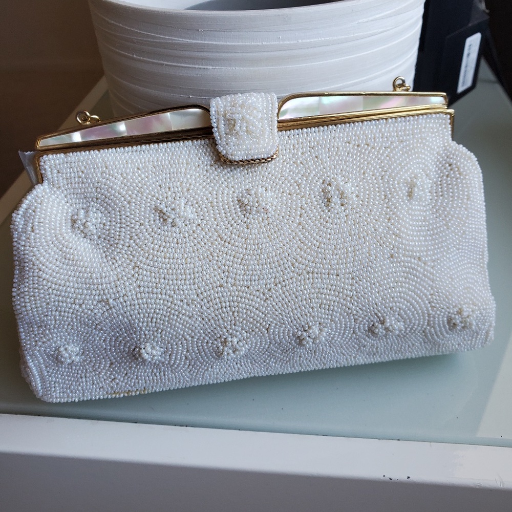 Vintage White Glass Seed Bead Mother of Pearl Satin Evening Bag